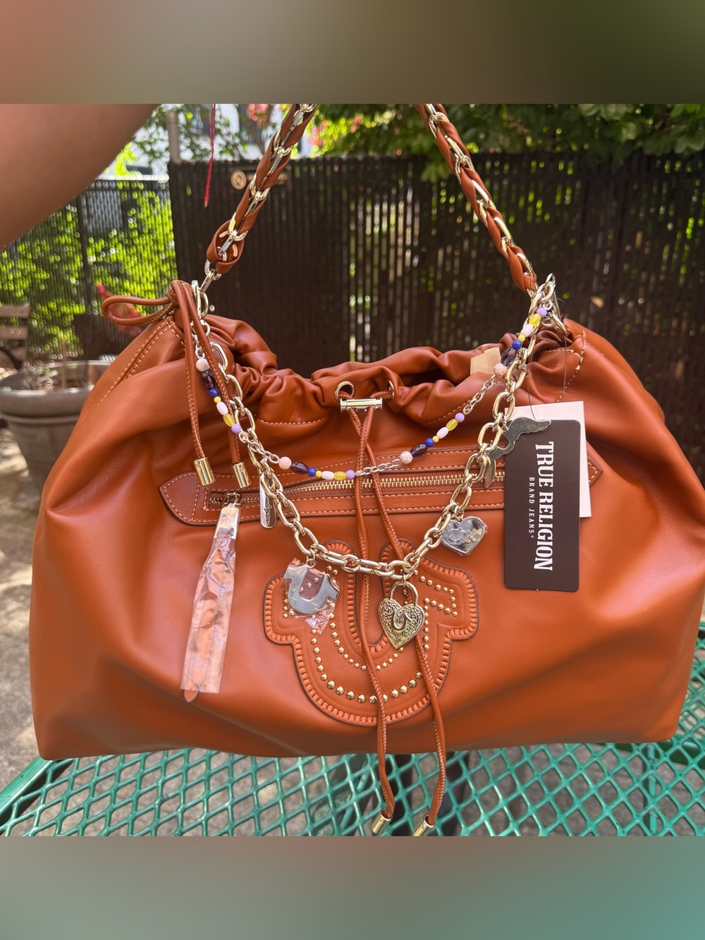 NEW True Religion Cognac Drawstring Shoulder Bag with Charm Chain